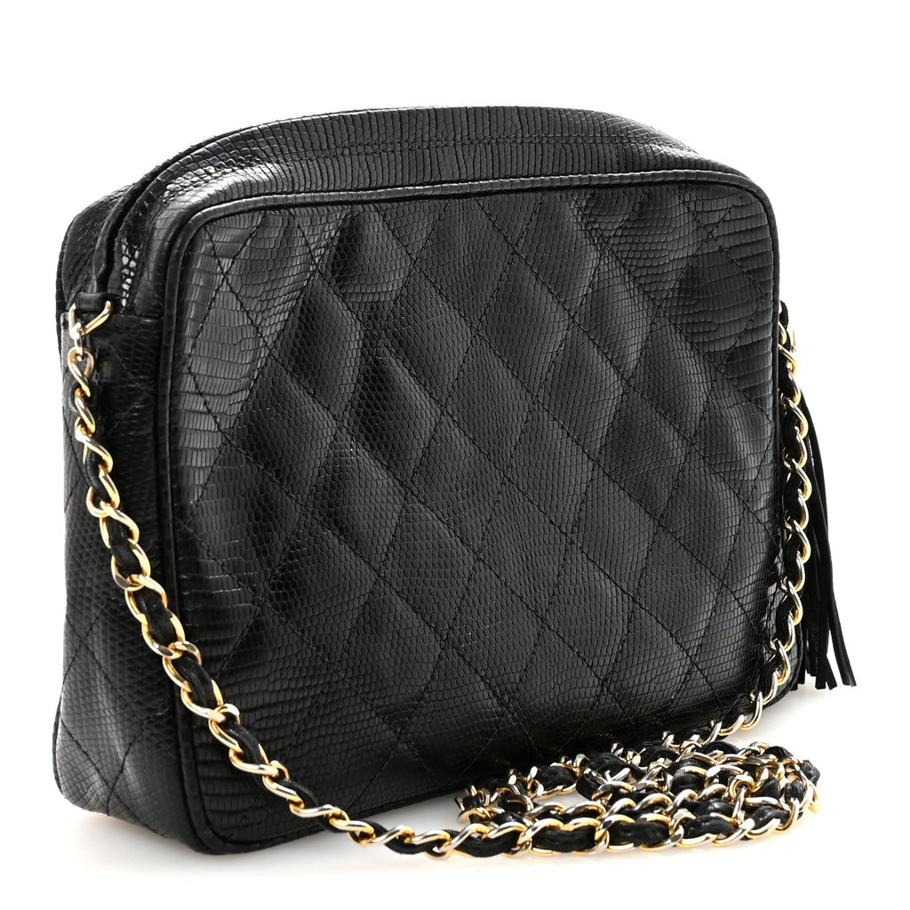 Chanel Lizard Diamond Quilted Tassel Camera Case Black