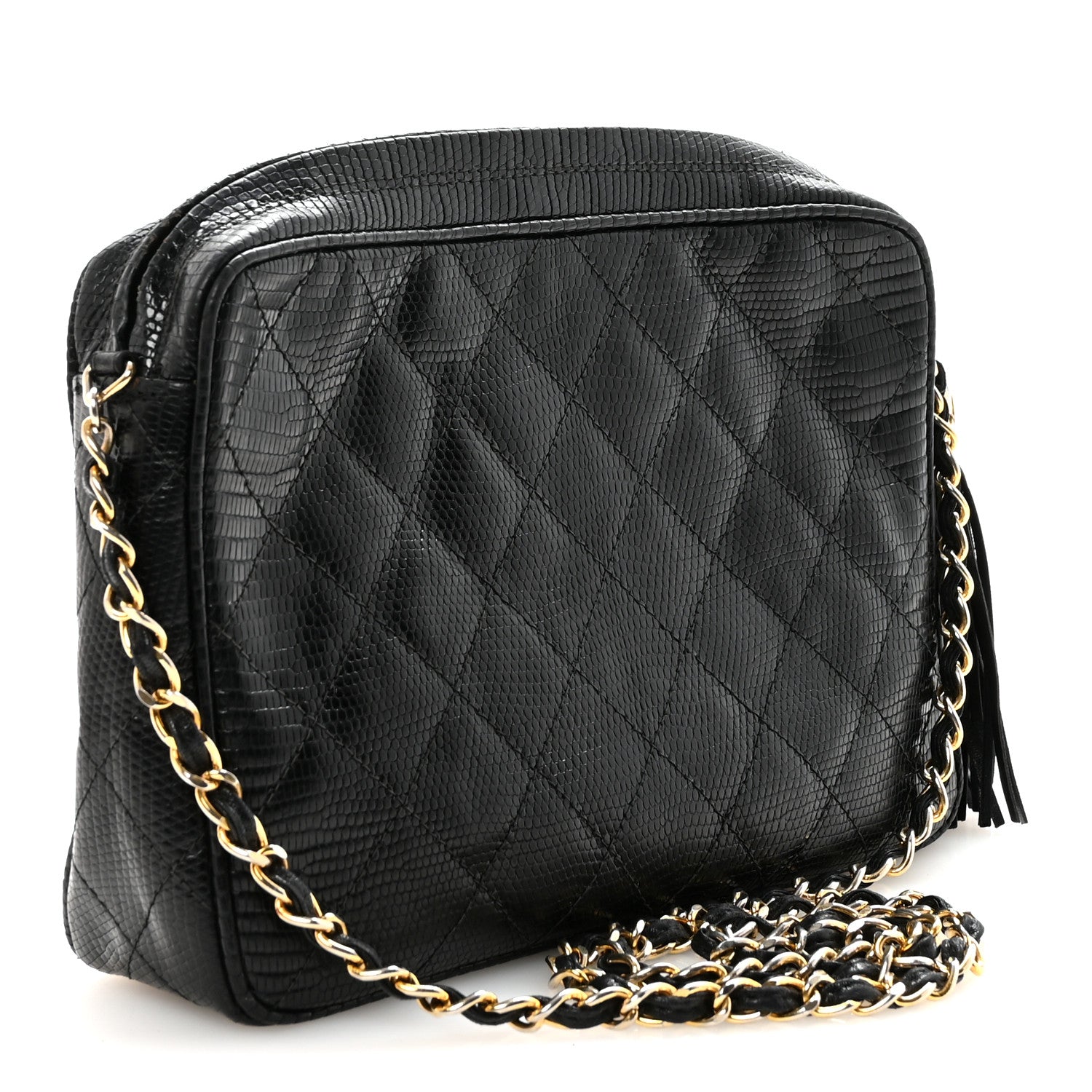 Chanel Lizard Diamond Quilted Tassel Camera Case Black