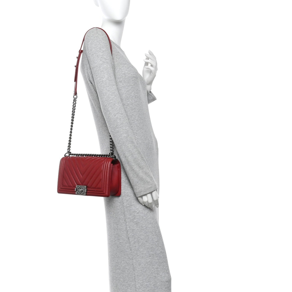 Chanel Lambskin Chevron Quilted Medium Boy Flap Red