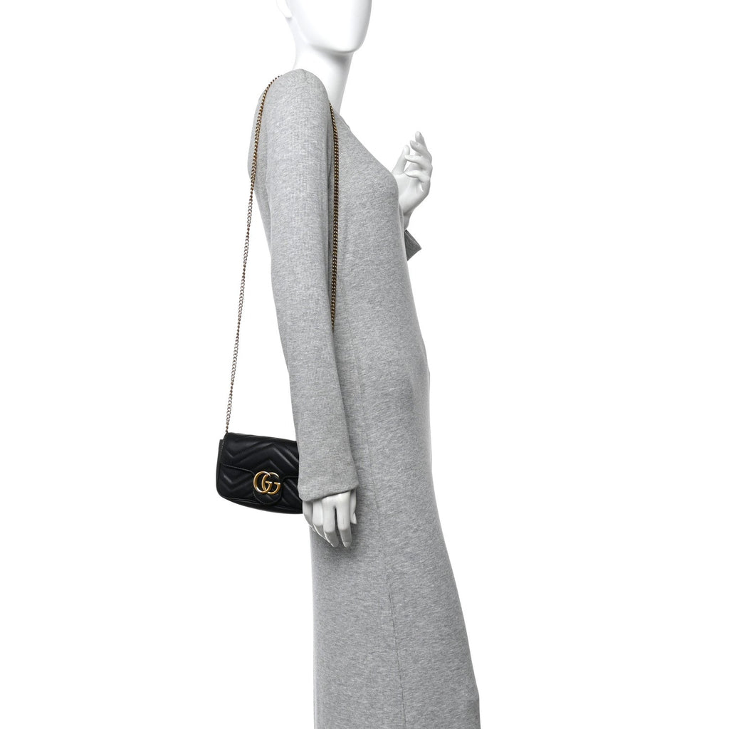 Gucci Calfskin Matelasse Super Mini GG Marmont Shoulder Bag Black