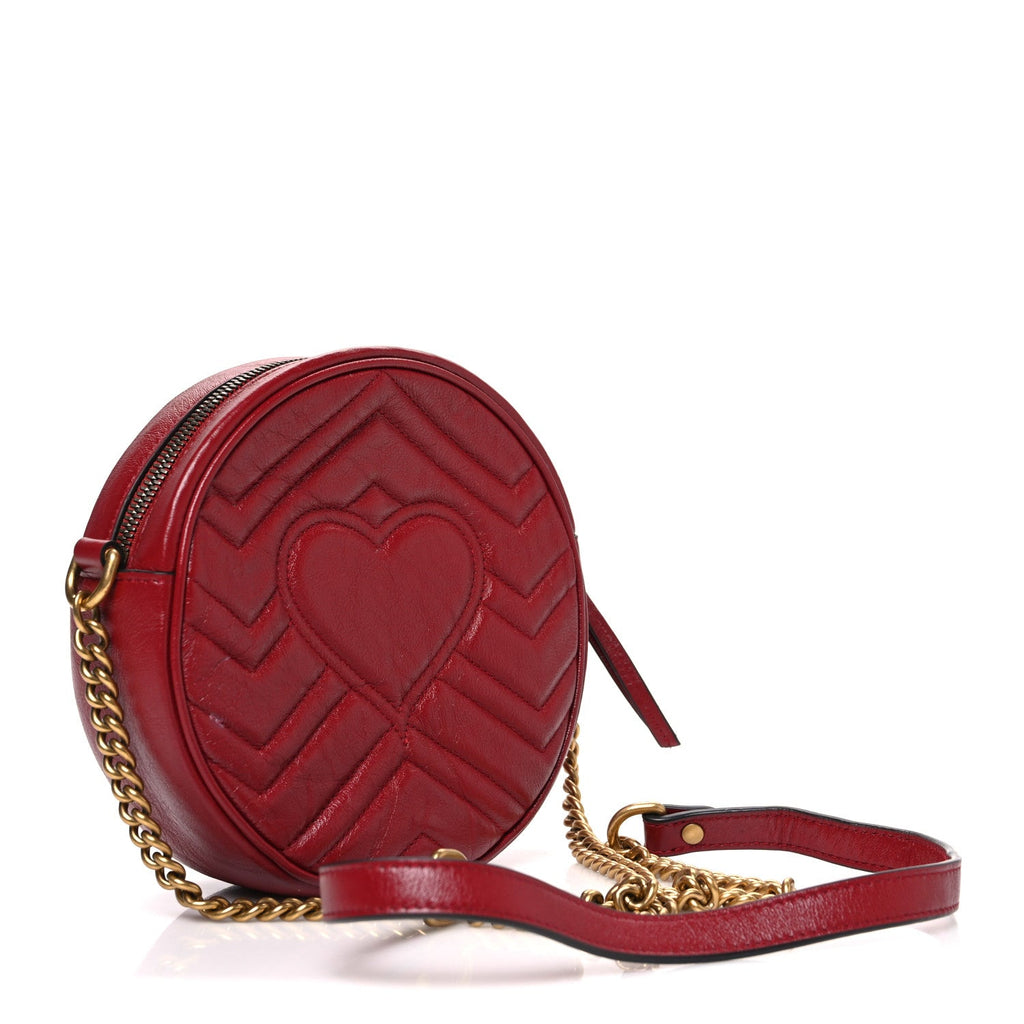 Gucci Glazed Calfskin Matelasse Heart Mini GG Marmont Round Shoulder Bag Romantic Cerise