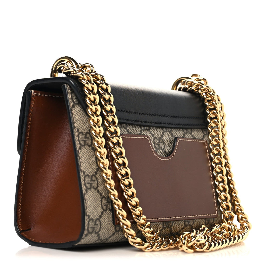 Gucci GG Supreme Monogram Calfskin Small Padlock Shoulder Bag Beige Black Cuir