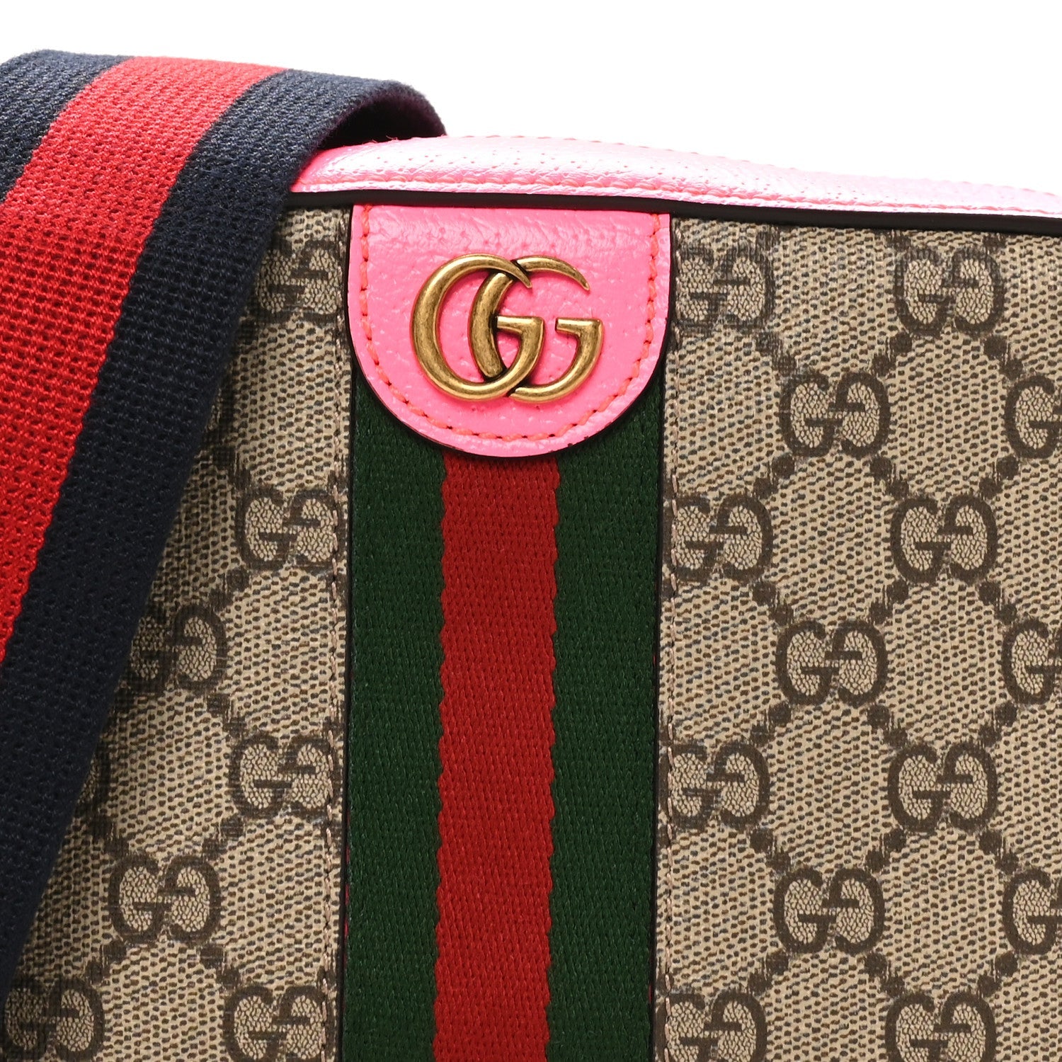 Gucci GG Supreme Monogram Textured Dollar Calfskin Web Ophidia Small Crossbody Bag Beige Ebony Fuchsia