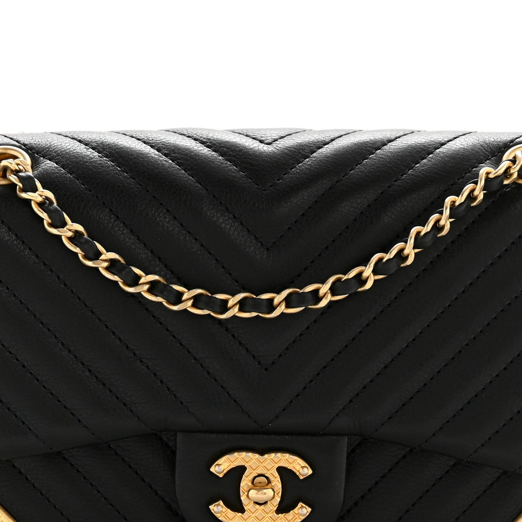 Chanel Calfskin Chevron Quilted Mini Rock The Corner Flap Black