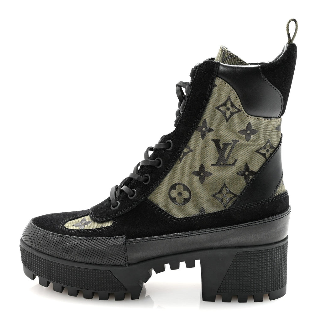 Louis Vuitton Suede Monogram Laureate Platform Desert Boots 37 Kaki Black