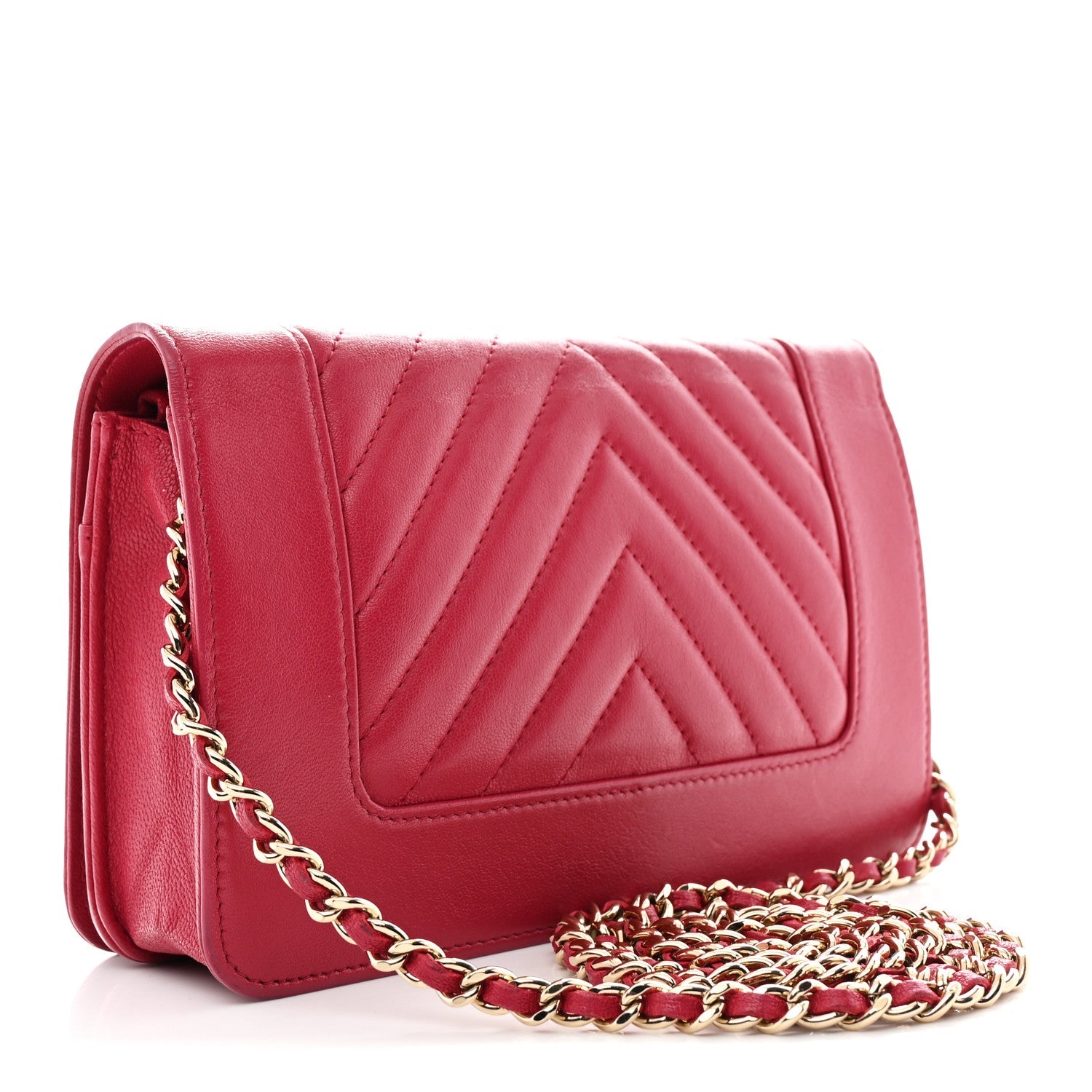 Chanel Sheepskin Chevron Quilted Vintage Mademoiselle Wallet On Chain WOC Dark Pink