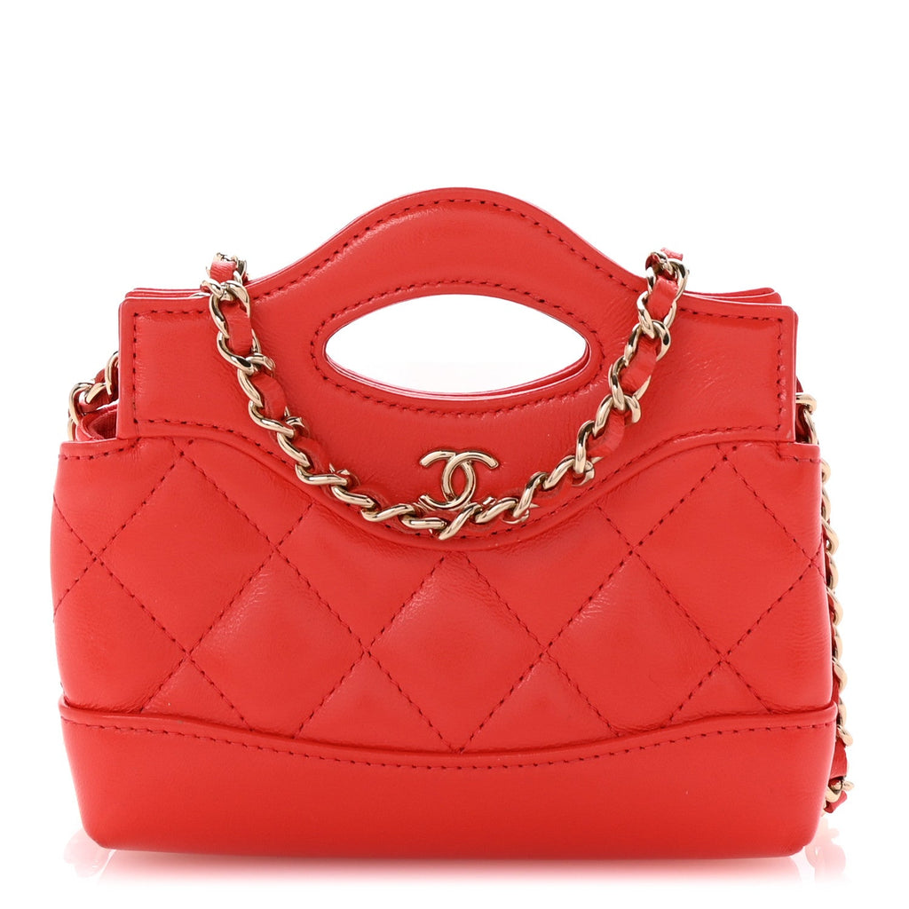 Chanel Shiny Lambskin Quilted Micro 31 Clutch With Chain Red