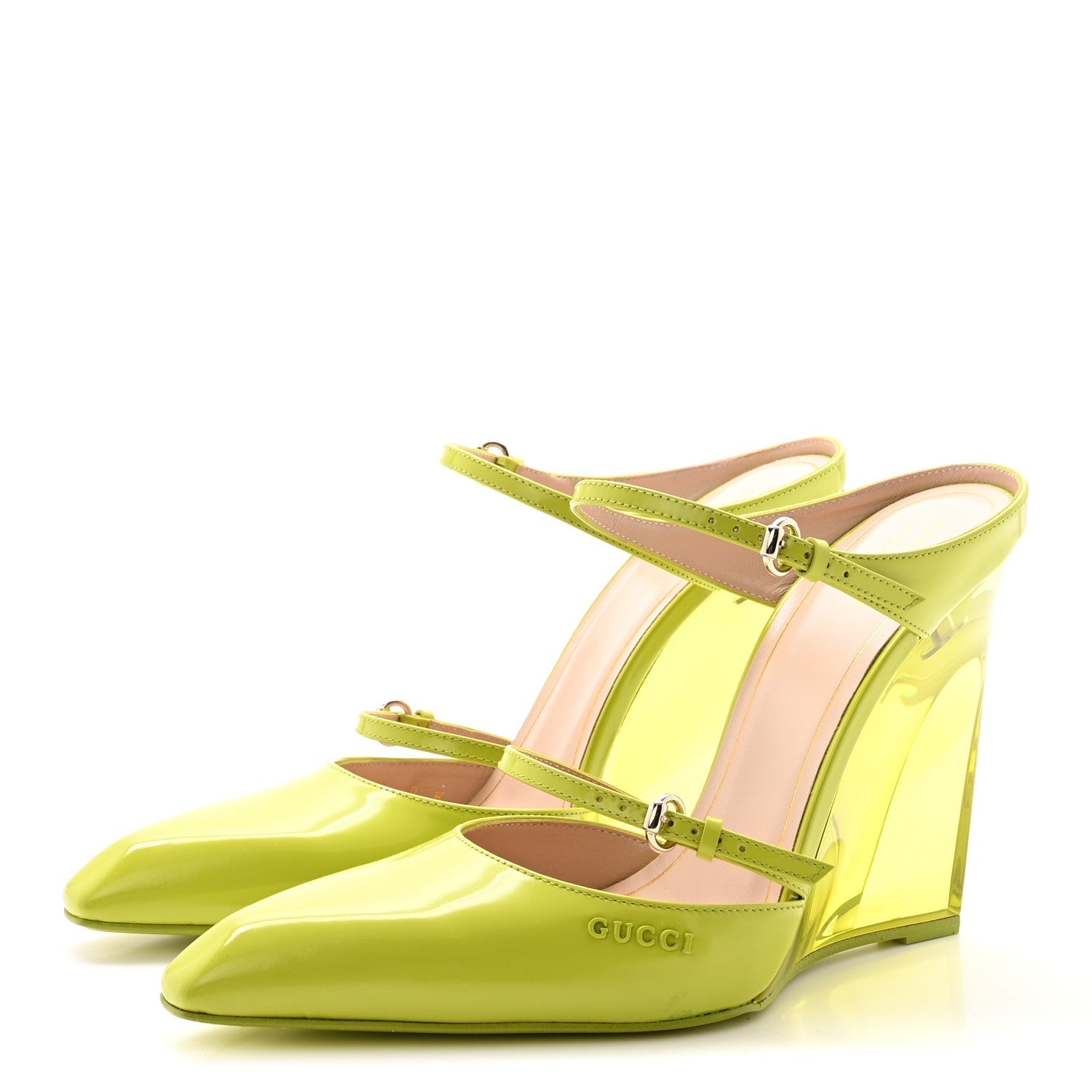 Gucci Regent Calfskin Lucite Wedge 110 Mules 38 Firefly