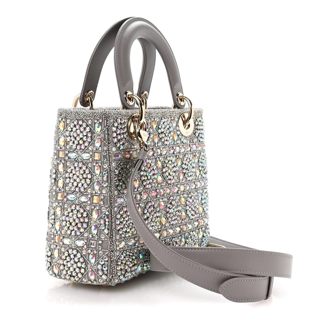 Christian Dior Calfskin Satin Celestial Bead Embroidery Embroidered Small Lady Dior Grey Multicolor