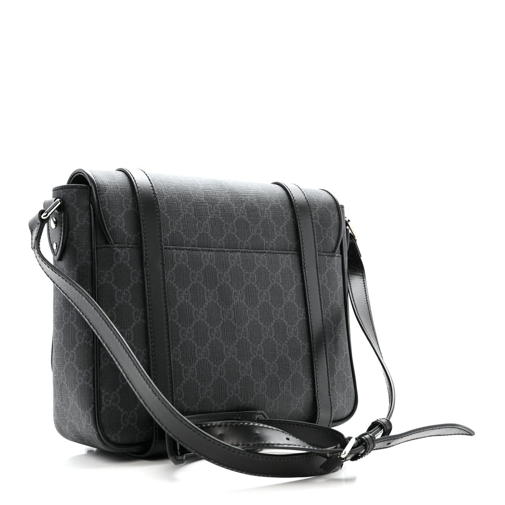 Gucci GG Supreme Monogram Textured Dollar Calfskin Retro Interlocking G Flap Messenger Bag Black
