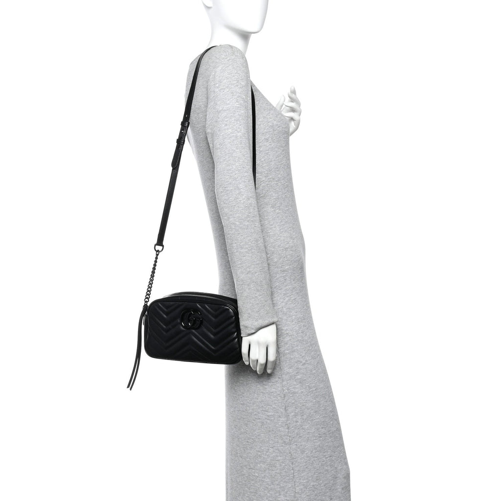 Gucci Calfskin Matelasse Monochrome Small GG Marmont Chain Shoulder Bag Black