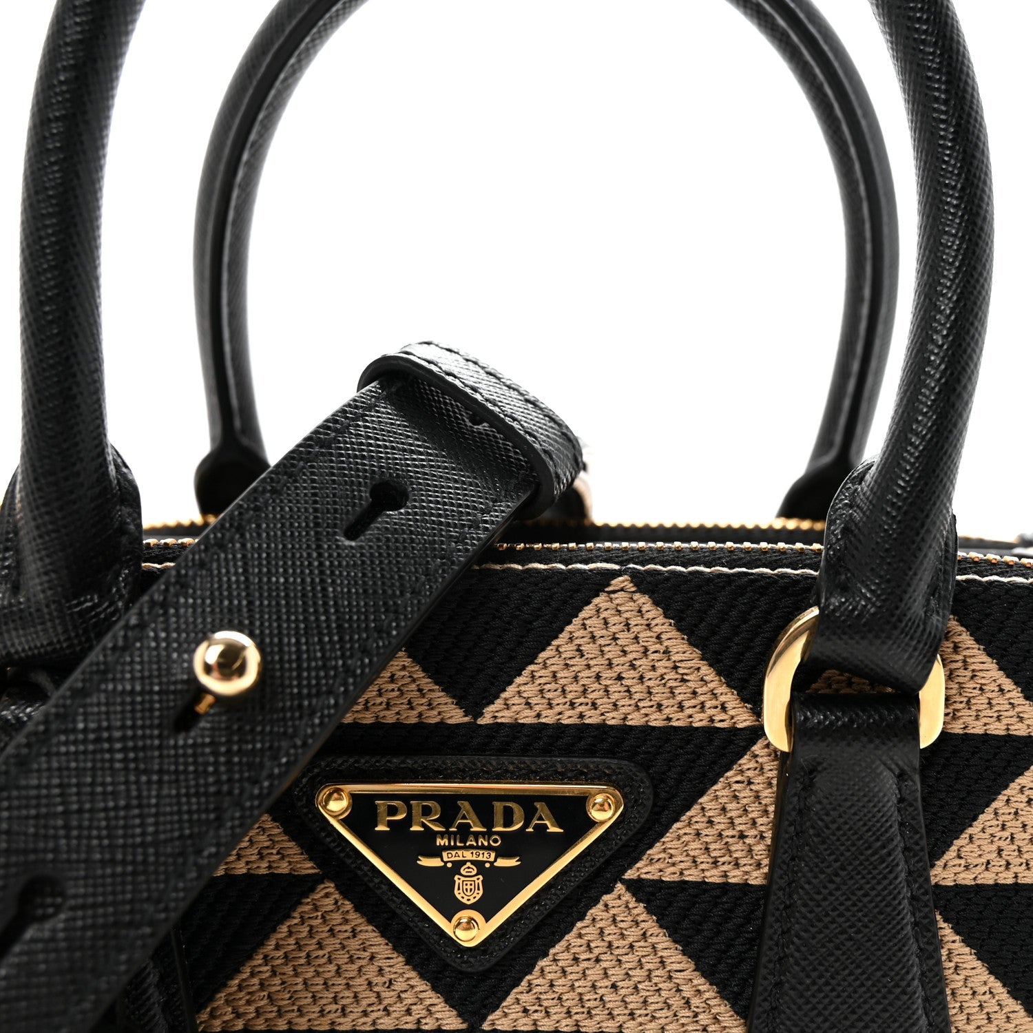 Prada Jacquard Saffiano Triangolo Symbole Embroidered Mini Galleria Double Zip Tote Black Corda