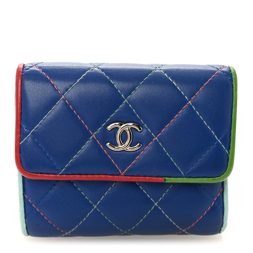 Lambskin Quilted Compact Flap Wallet Blue Multicolor