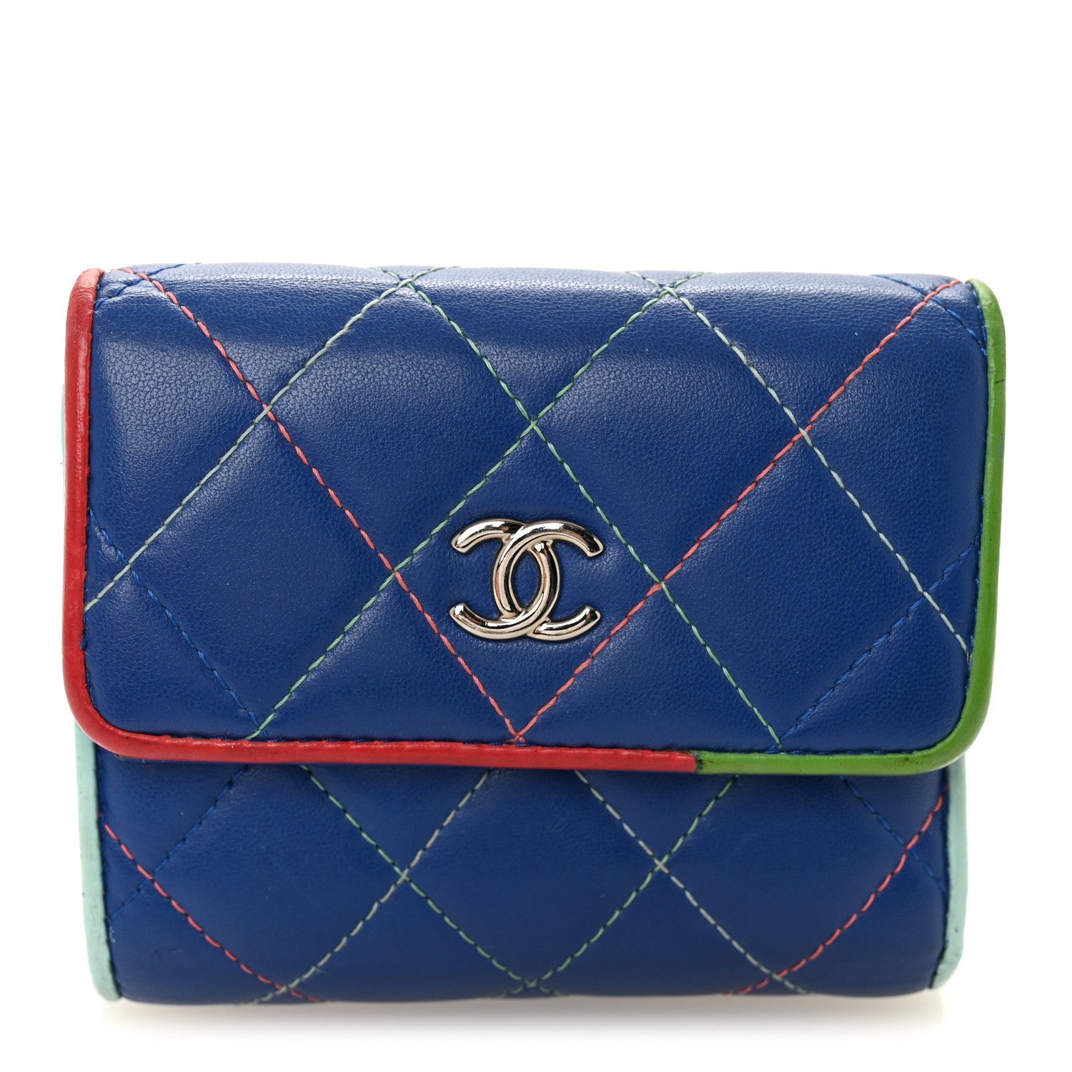 Lambskin Quilted Compact Flap Wallet Blue Multicolor
