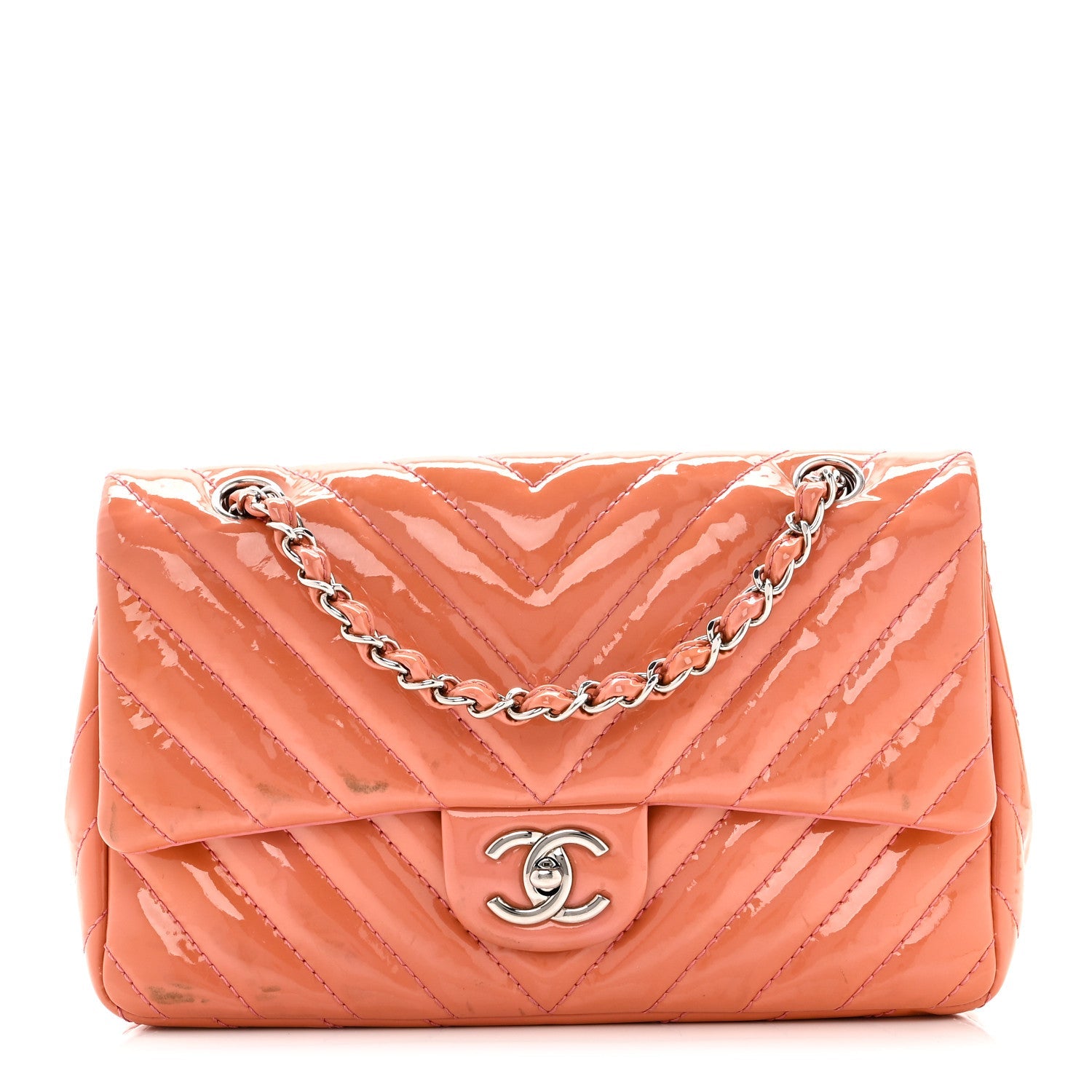 Chanel Patent Chevron Quilted Medium Single Flap Pink