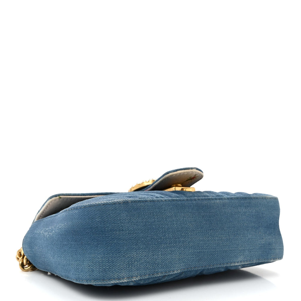 Gucci Denim Matelasse Mini Pearly GG Marmont Shoulder Bag Blue