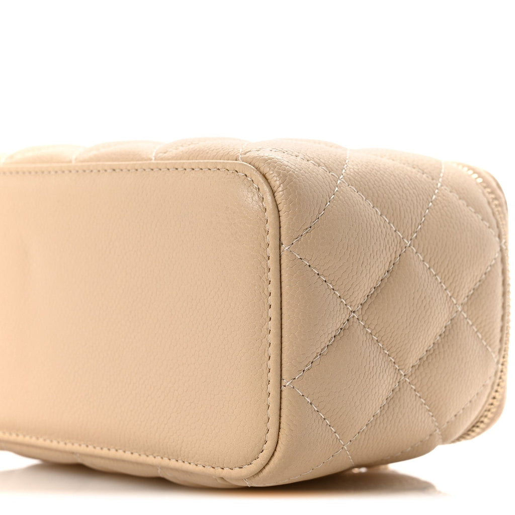 Chanel Caviar Quilted Small Tiny CC Vanity Case With Chain Beige