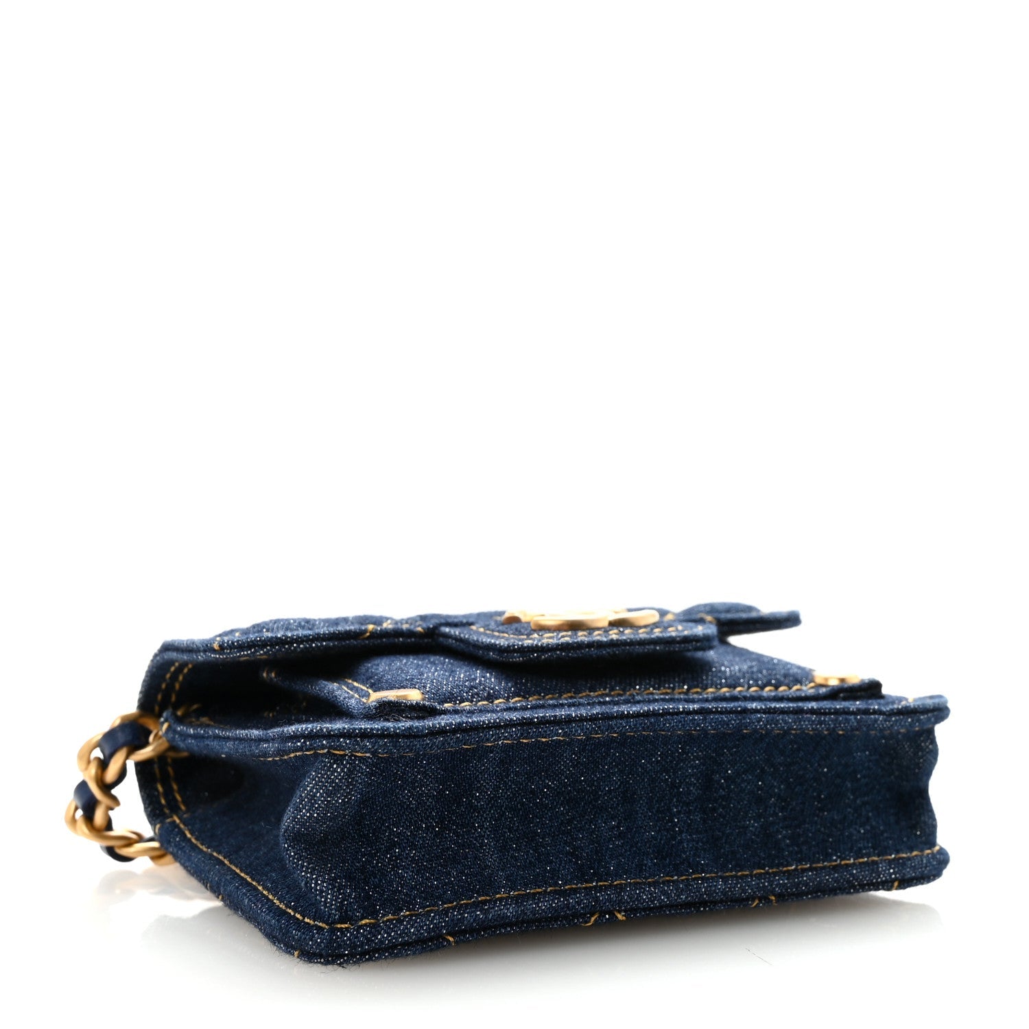 Chanel Denim Quilted Double You Card Holder On Chain Blue
