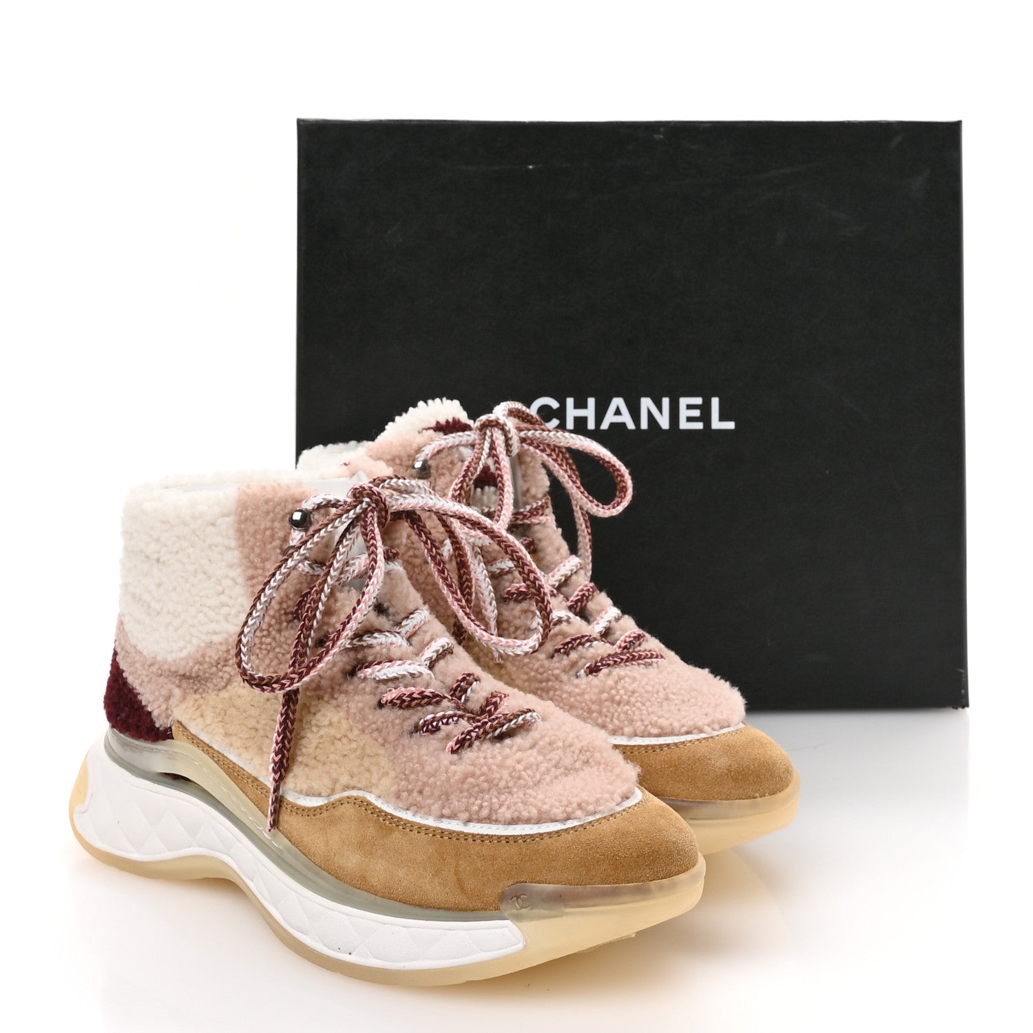 Chanel Shearling Suede CC High Top Sneakers 40 White Pink