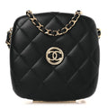 Chanel Lambskin Quilted Compact Vanity Case Purse With Chain Black