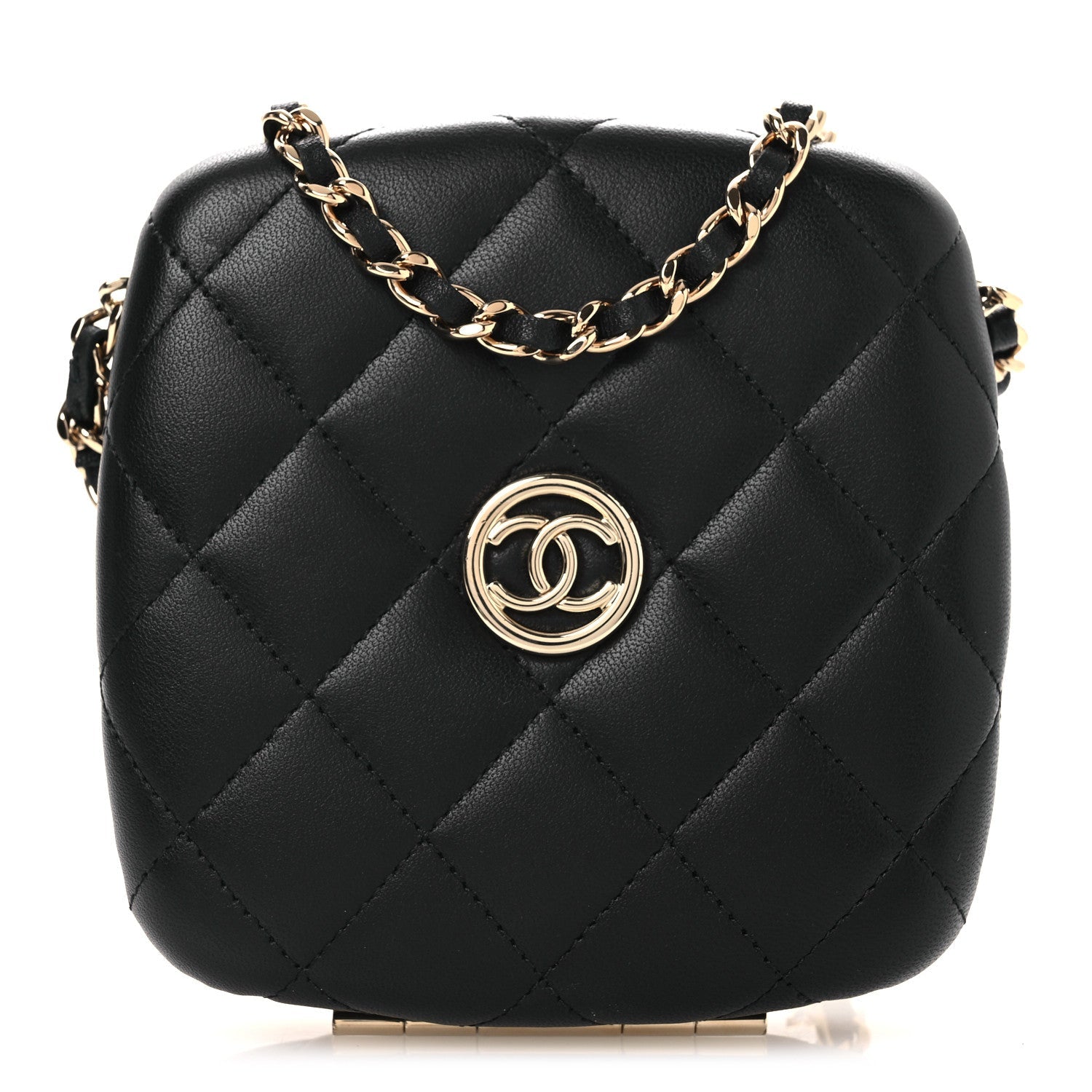 Chanel Lambskin Quilted Compact Vanity Case Purse With Chain Black