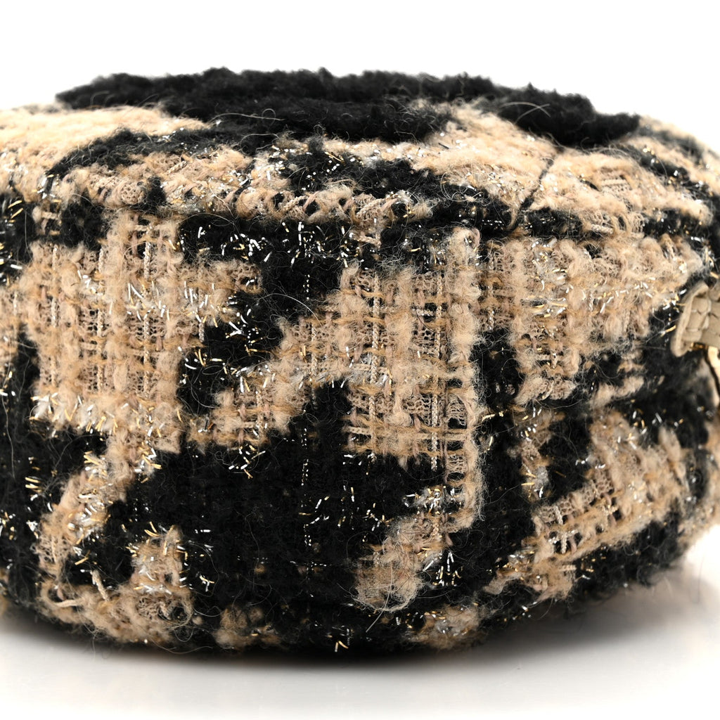 Chanel Tweed Shearling Round Clutch With Chain and Coin Purse Beige Black