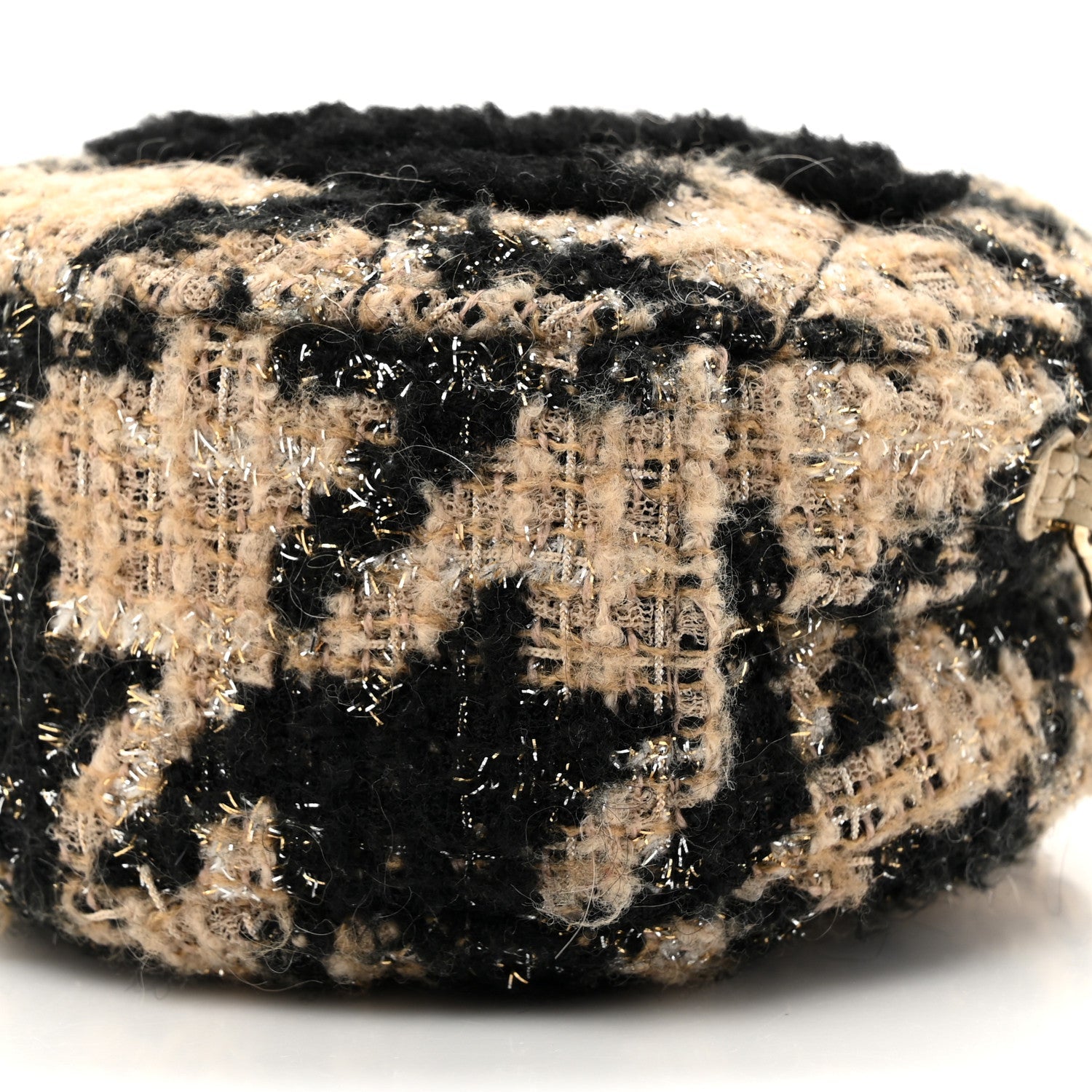 Chanel Tweed Shearling Round Clutch With Chain and Coin Purse Beige Black