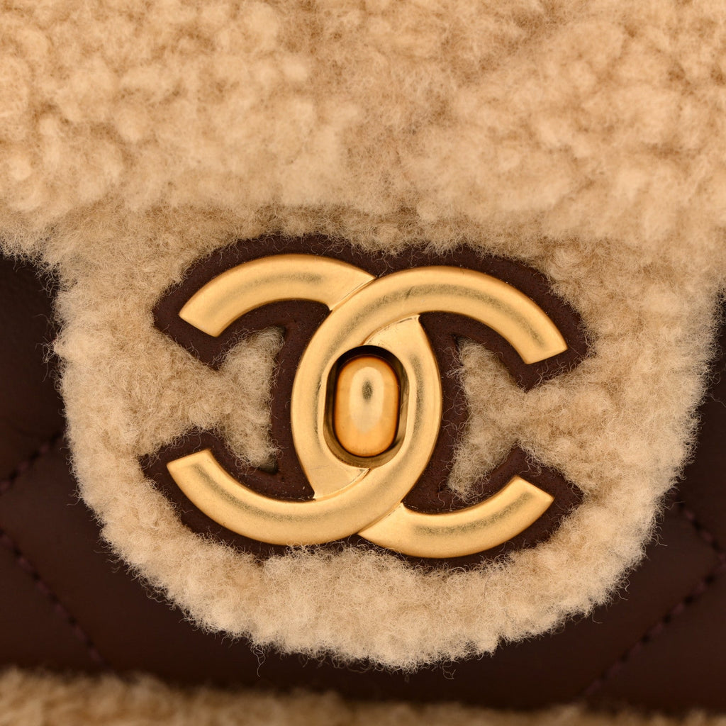 Chanel Shearling Lambskin Quilted Furry Coco Flap Dark Brown Beige