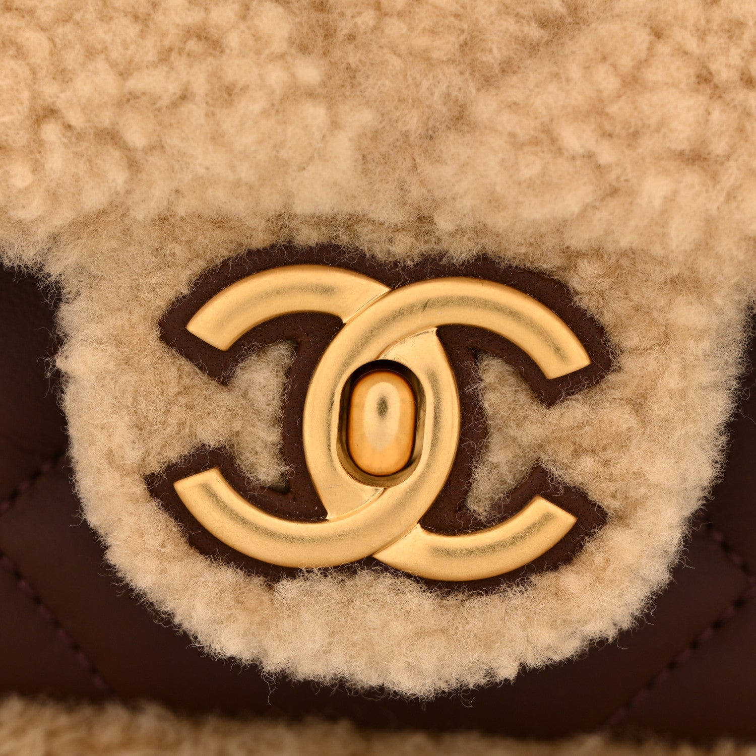 Chanel Shearling Lambskin Quilted Furry Coco Flap Dark Brown Beige