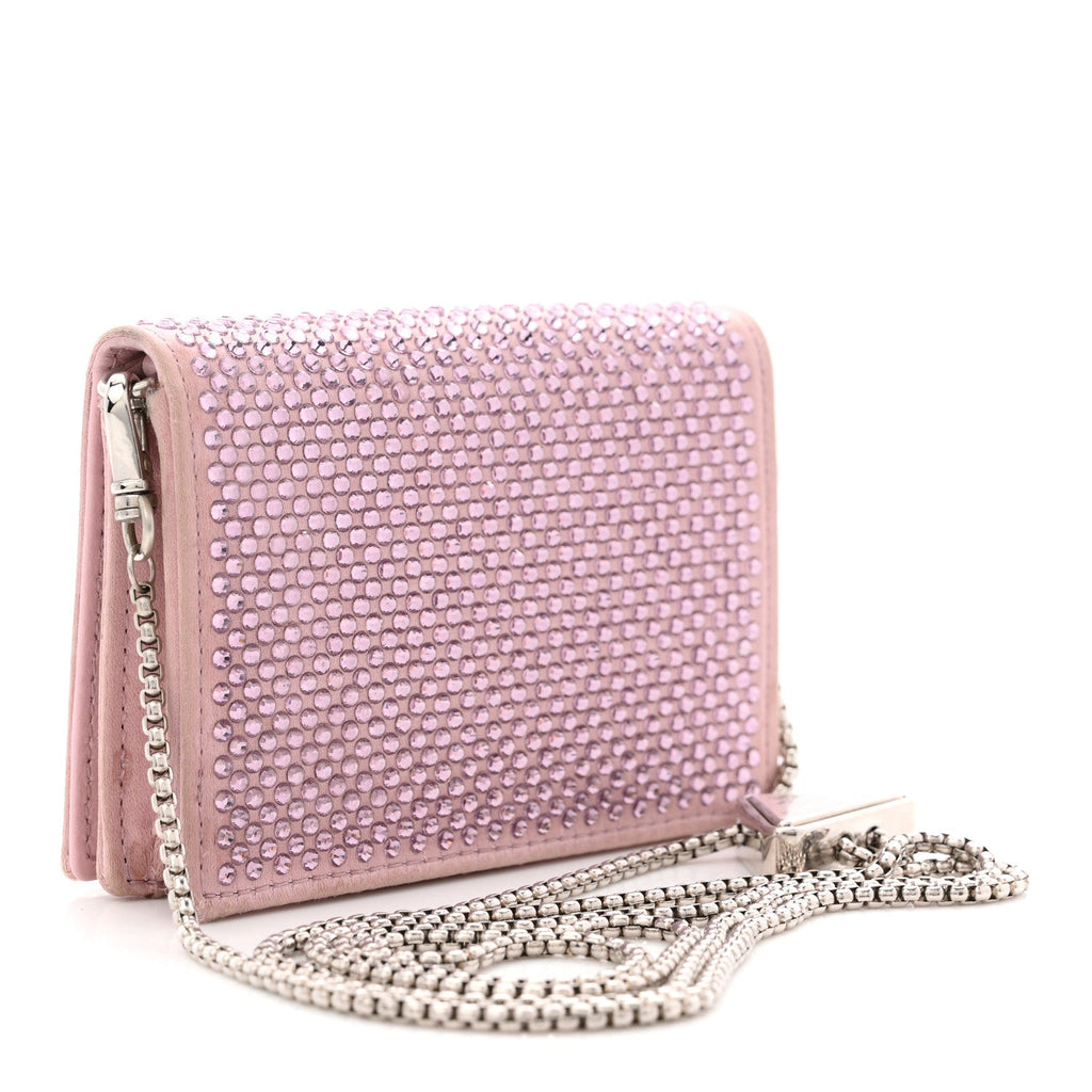 Prada Satin Crystal Metal Triangle Logo Card Holder With Strap Alabastro