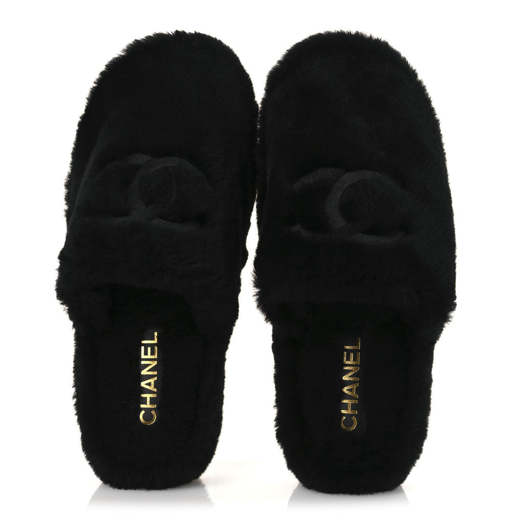 Chanel Shearling CC Flat Mules 40 Black