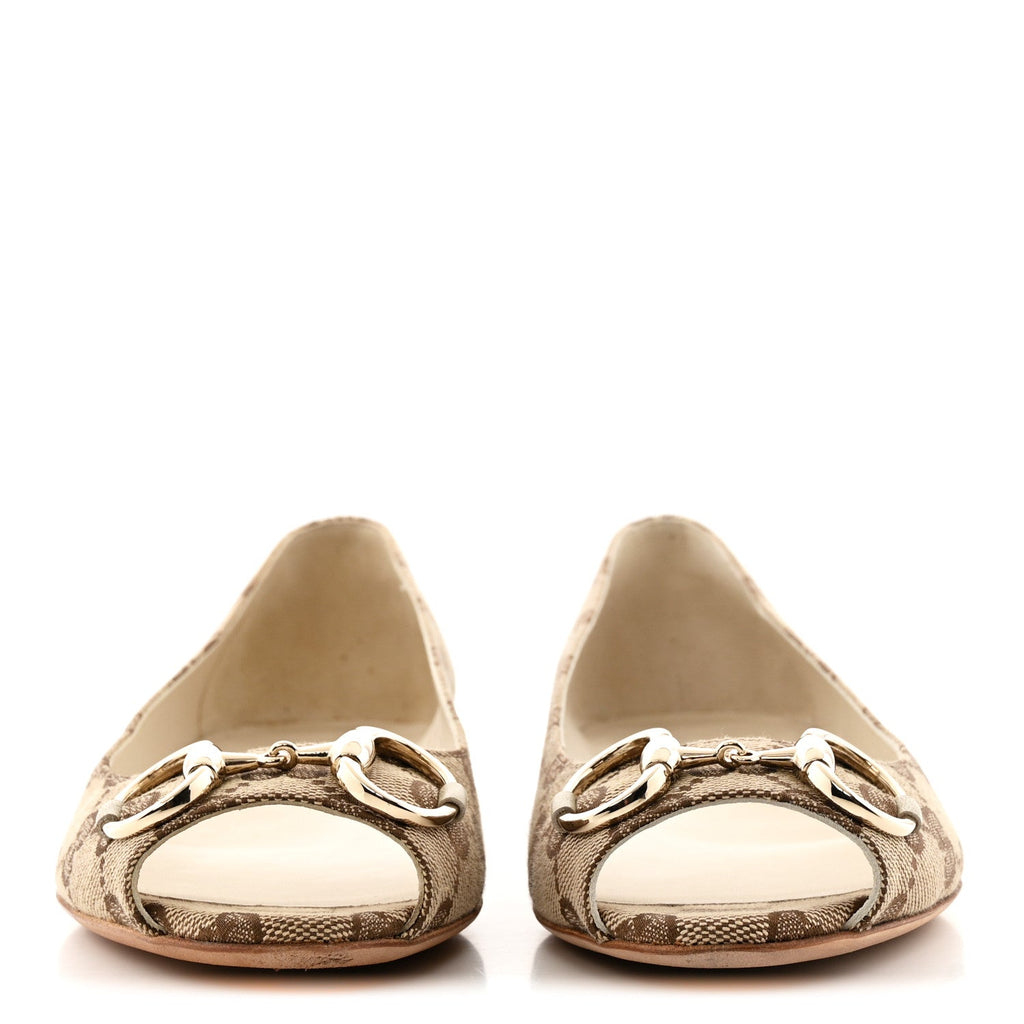 Gucci Monogram Miro Soft Calfskin Womens Horsebit Peep Toe Flats 6 Beige Ebony Mystic White