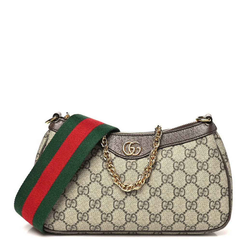 Gucci GG Supreme Monogram Textured Dollar Calfskin Web Small Ophidia GG Handbag Beige Ebony New Acero