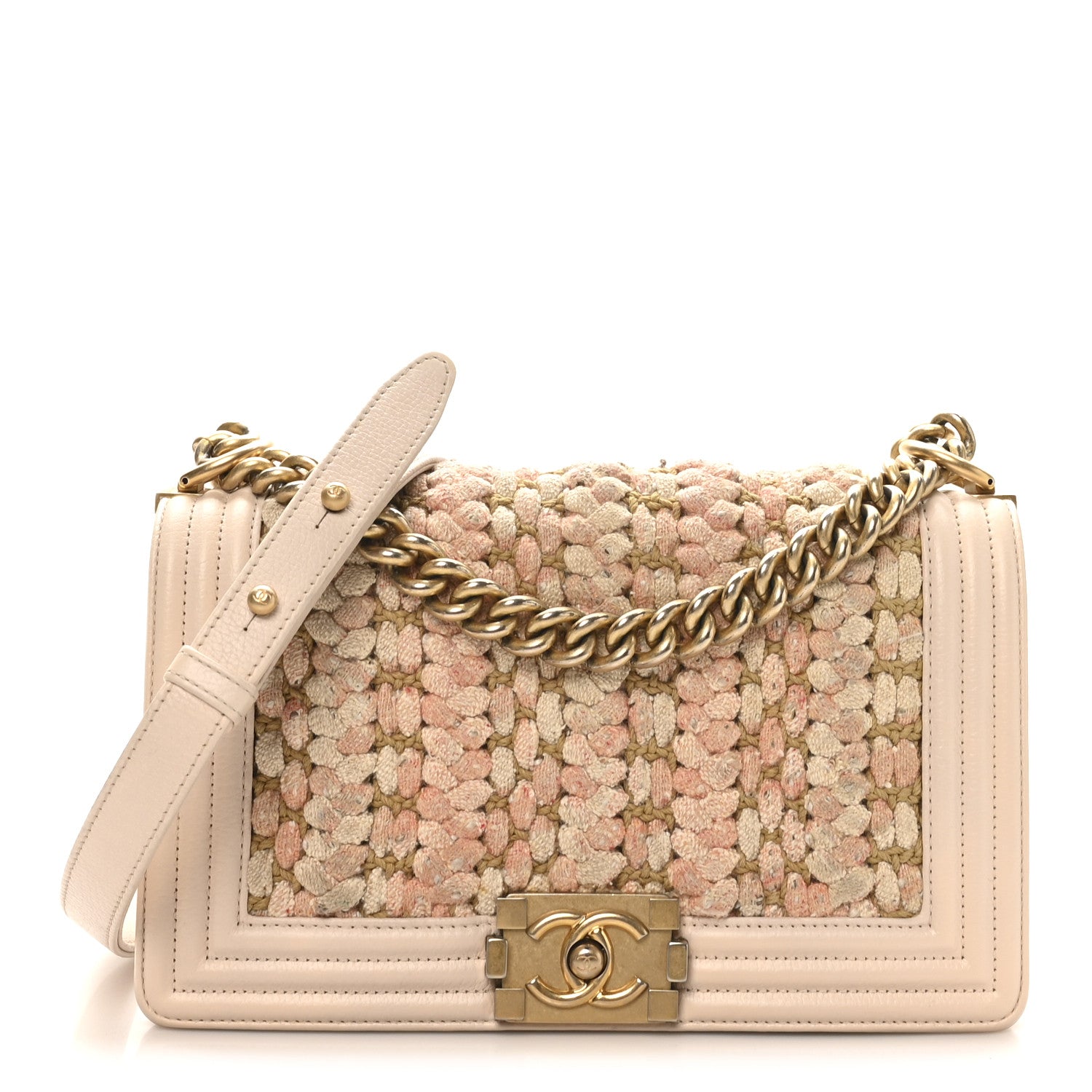 Chanel Braided Tweed Lambskin Medium Boy Flap Pink
