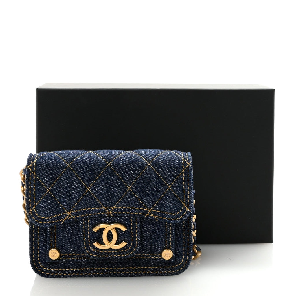 Chanel Denim Quilted Double You Card Holder On Chain Blue