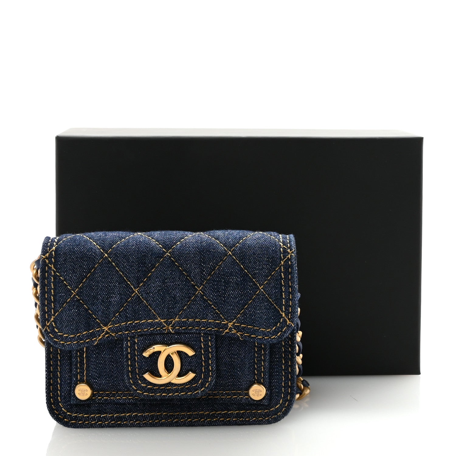 Chanel Denim Quilted Double You Card Holder On Chain Blue