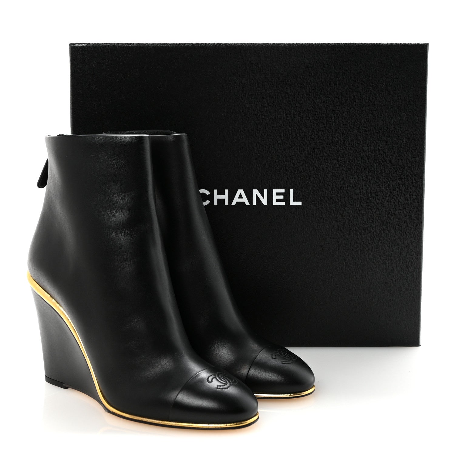 Lambskin Cap Toe Wedge Ankle Boots 38 Black