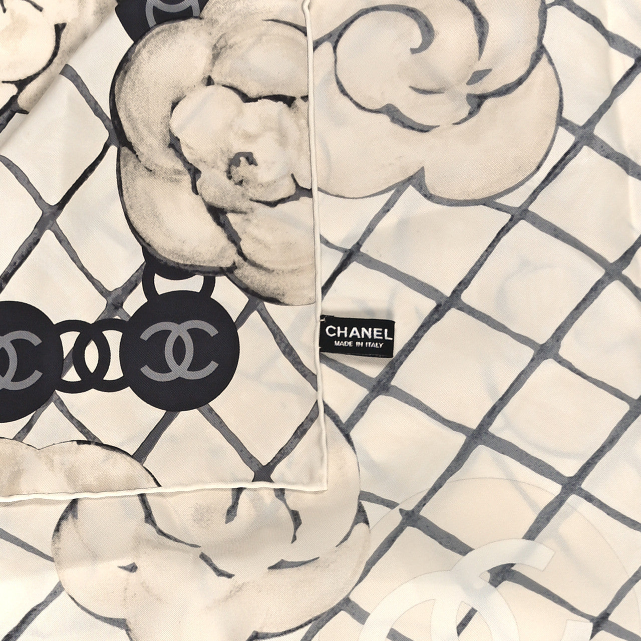 Chanel Silk Camellia CC Square Scarf Ivory