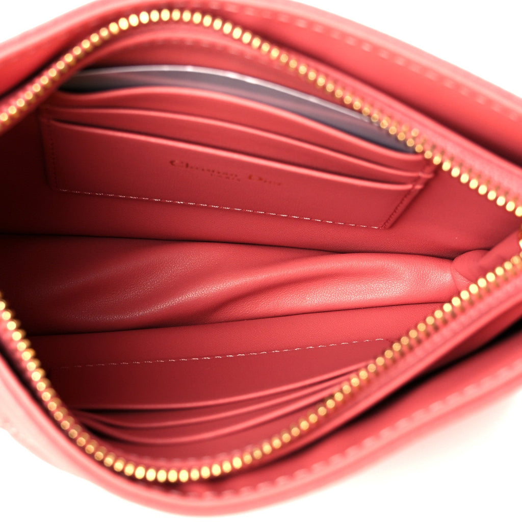 Christian Dior Calfskin Cannage Caro Zipped Pouch With Chain Coral Powder