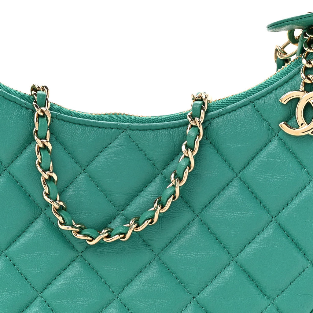 Chanel Lambskin Quilted Chain Around Hobo Green
