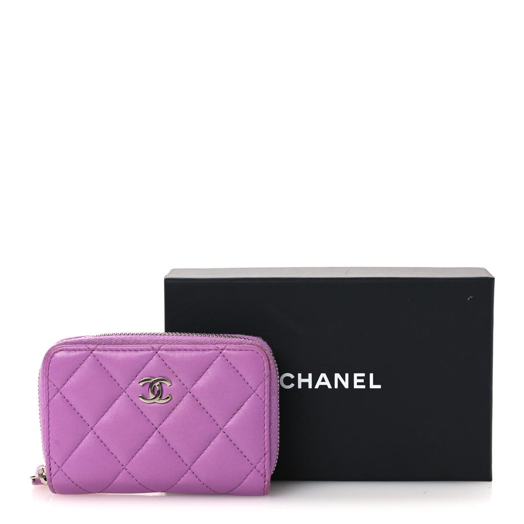 Lambskin Quilted Zip Around Coin Purse Wallet Purple