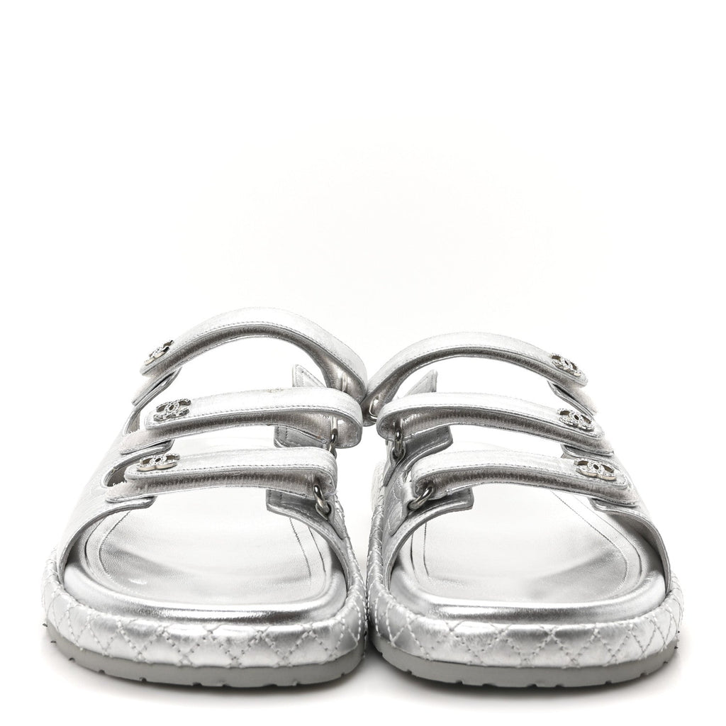 Laminated Lambskin Quilted Velcro Crystal CC Dad Slide Sandals 40 Silver