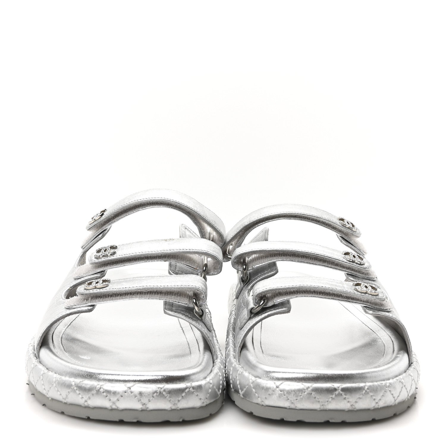 Laminated Lambskin Quilted Velcro Crystal CC Dad Slide Sandals 40 Silver