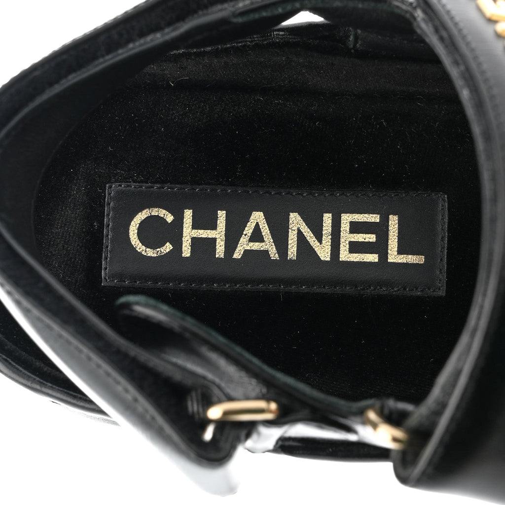Chanel Shiny Calfskin Logo Platform Sandals 39 Black