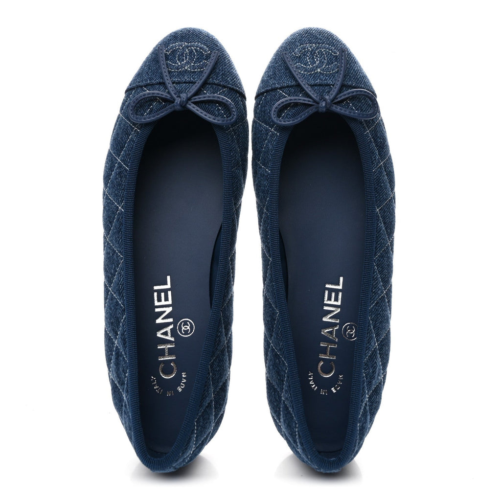 Chanel Washed Denim Quilted Cap Toe CC Ballerina Flats 36.5 Blue