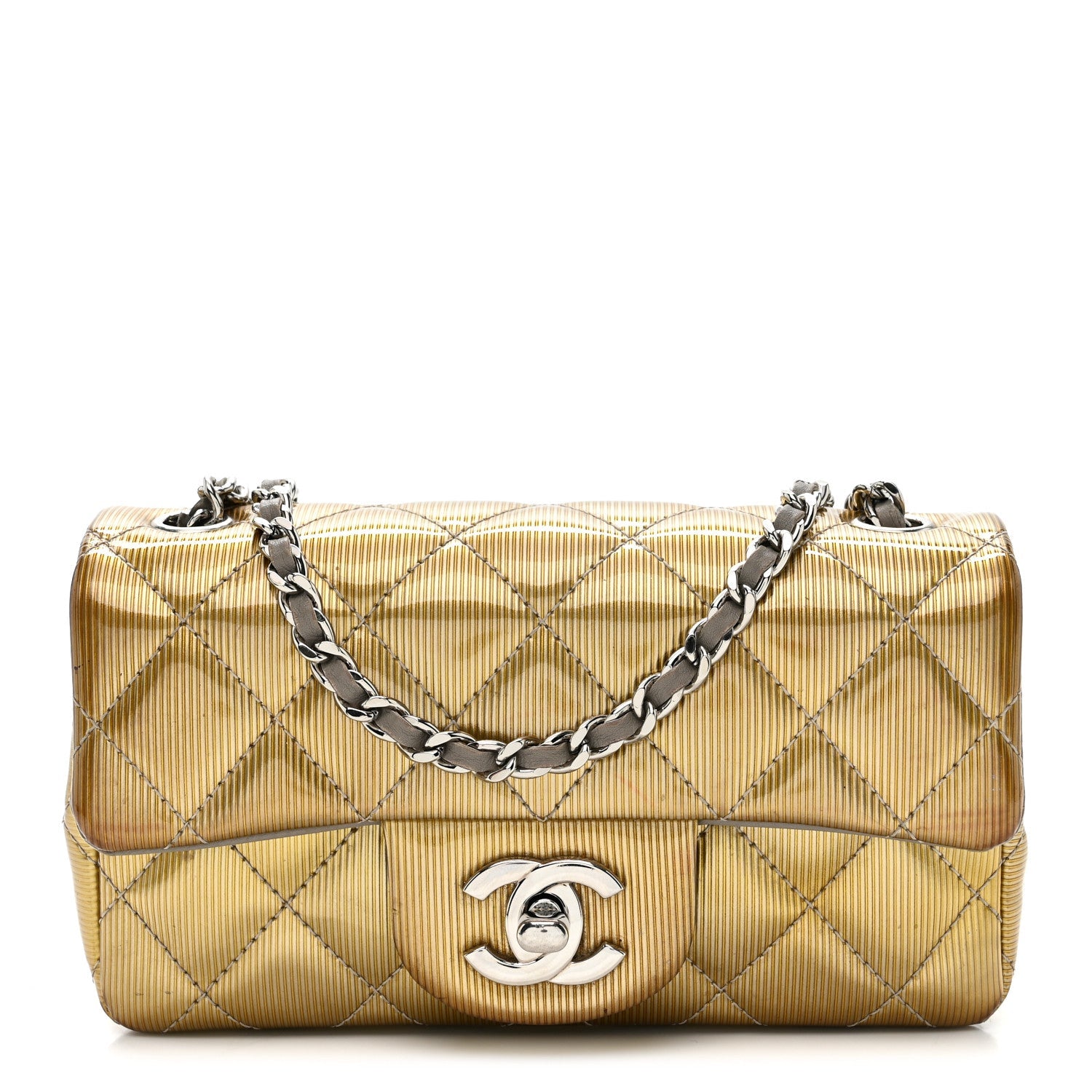 Chanel Striated Patent Quilted Extra Mini Rectangular Flap Gold