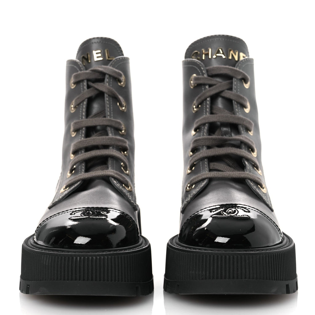 Calfskin Patent Calfskin CC Lace Up Combat Boots 36.5 Gray Black