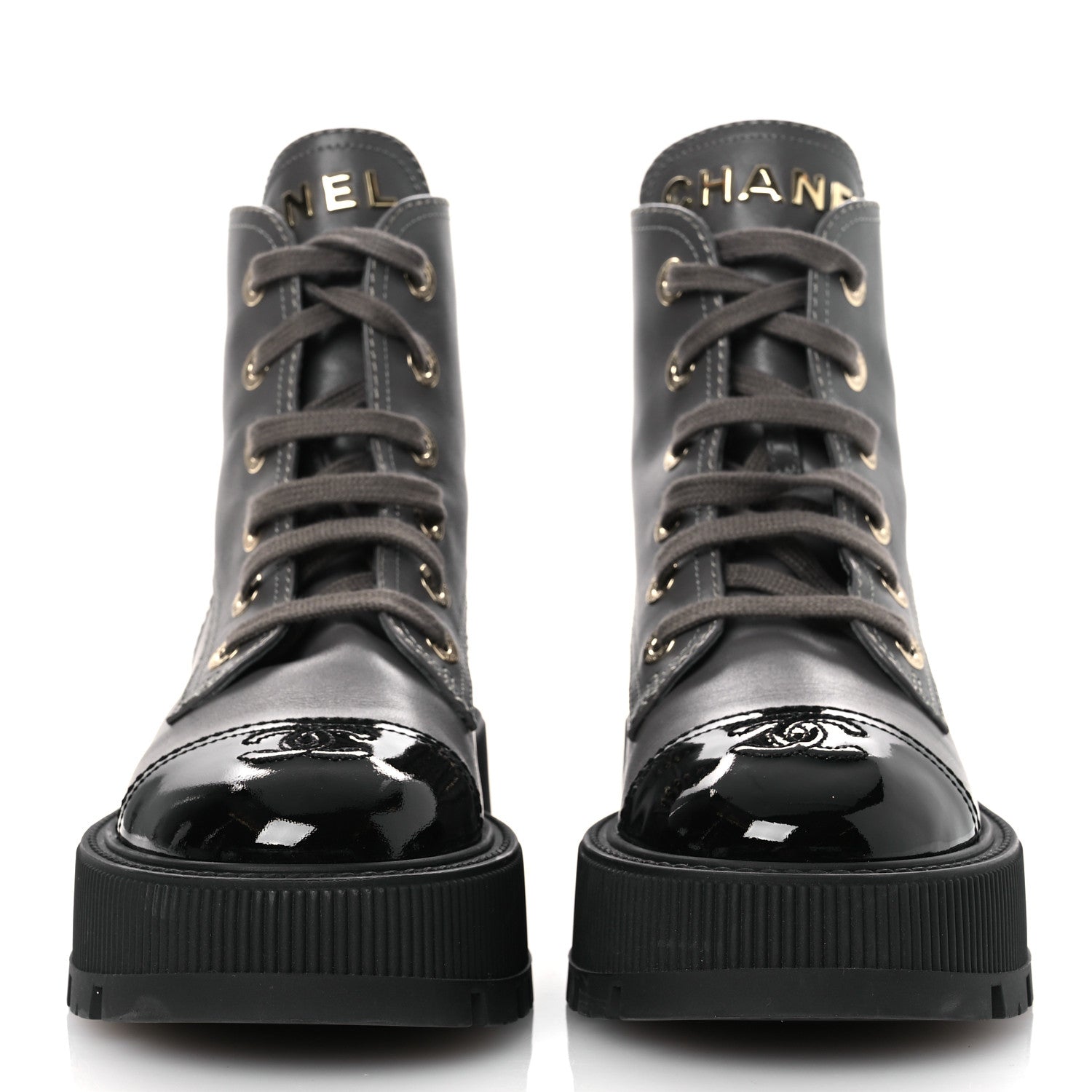 Calfskin Patent Calfskin CC Lace Up Combat Boots 36.5 Gray Black