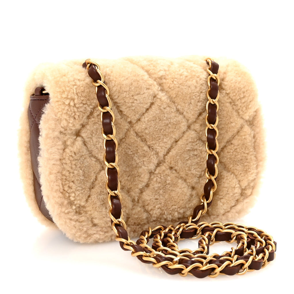 Chanel Shearling Lambskin Quilted Mini Furry Coco Flap Beige Dark Brown