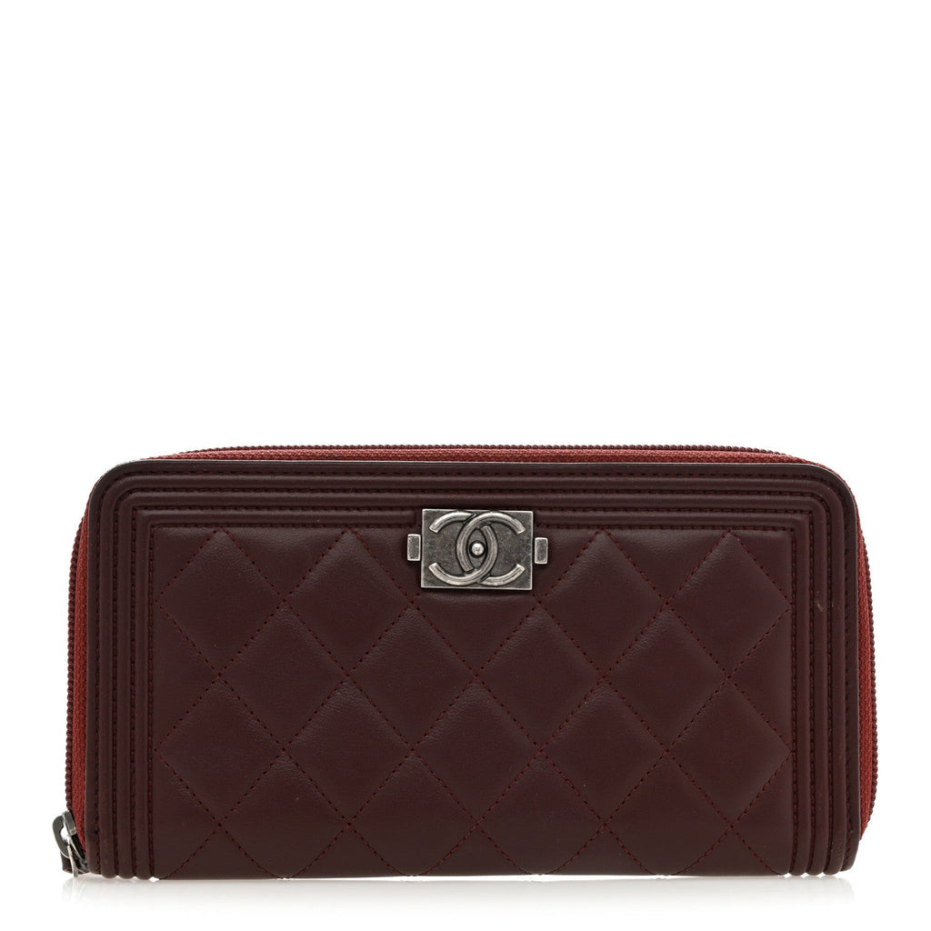 Lambskin Quilted Boy Zip Around Wallet Burgundy